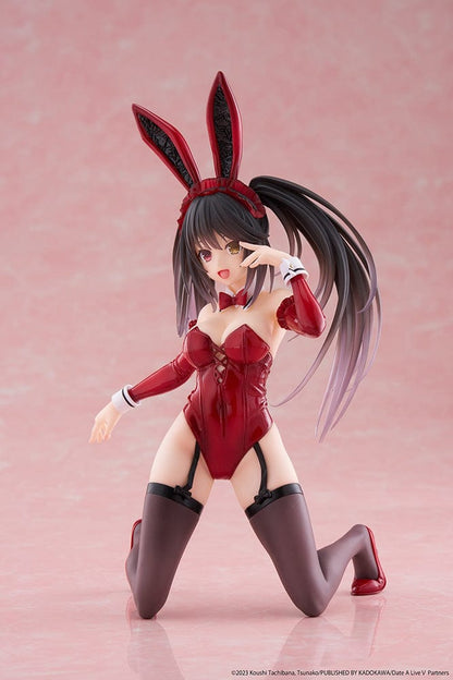 Date A Live V Desktop Cute Kurumi Tokisaki Bunny Ver. Figure, featuring Kurumi in a seductive red bunny outfit with knee-high stockings and bunny ears.