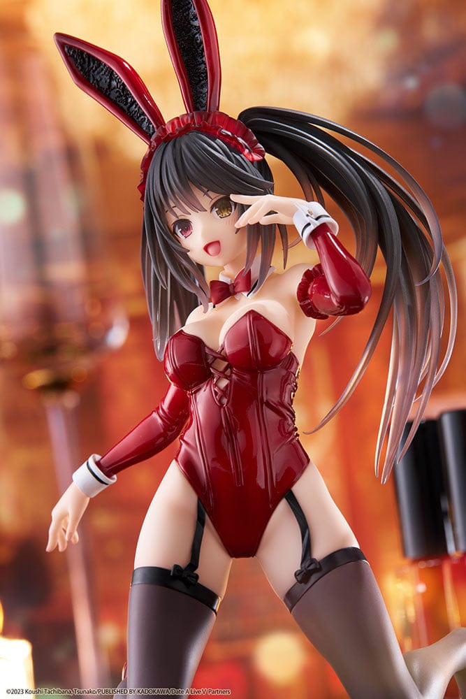 Date A Live V Desktop Cute Kurumi Tokisaki Bunny Ver. Figure, featuring Kurumi in a seductive red bunny outfit with knee-high stockings and bunny ears.