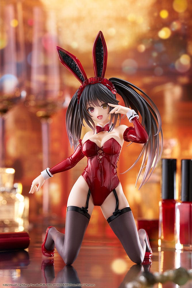 Date A Live V Desktop Cute Kurumi Tokisaki Bunny Ver. Figure, featuring Kurumi in a seductive red bunny outfit with knee-high stockings and bunny ears.