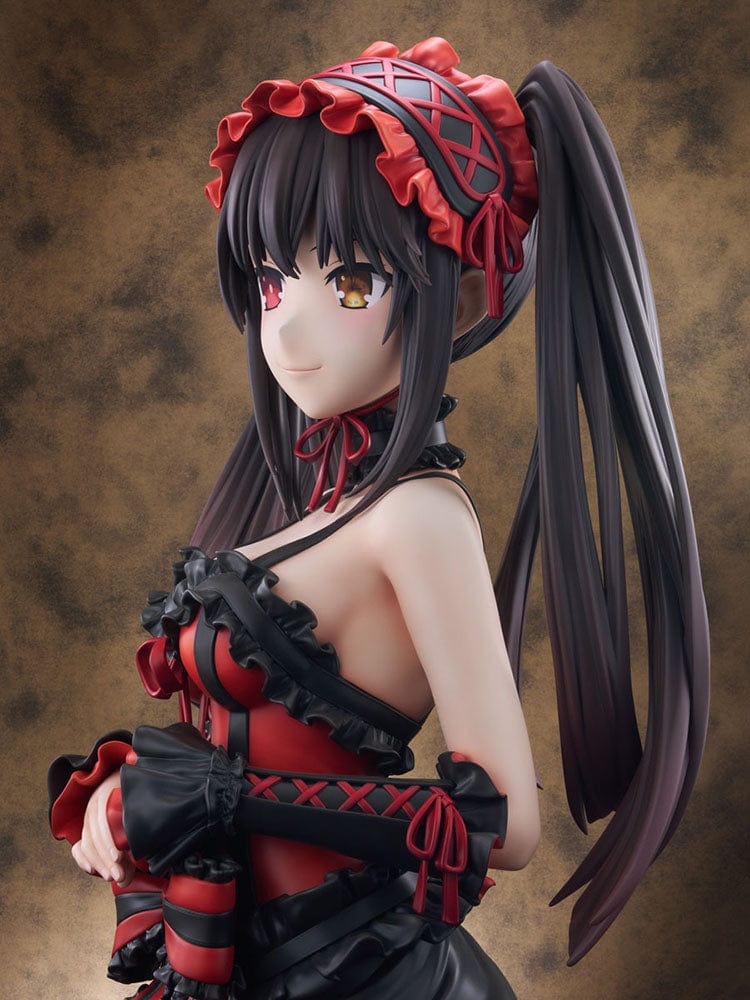 Life-sized bust figure of Kurumi Tokisaki from Date A Live, featuring her in a detailed gothic lolita style black and red dress, with intricate ribbons and ruffles, her signature long dark hair with red accents, and her unique red and yellow eyes.