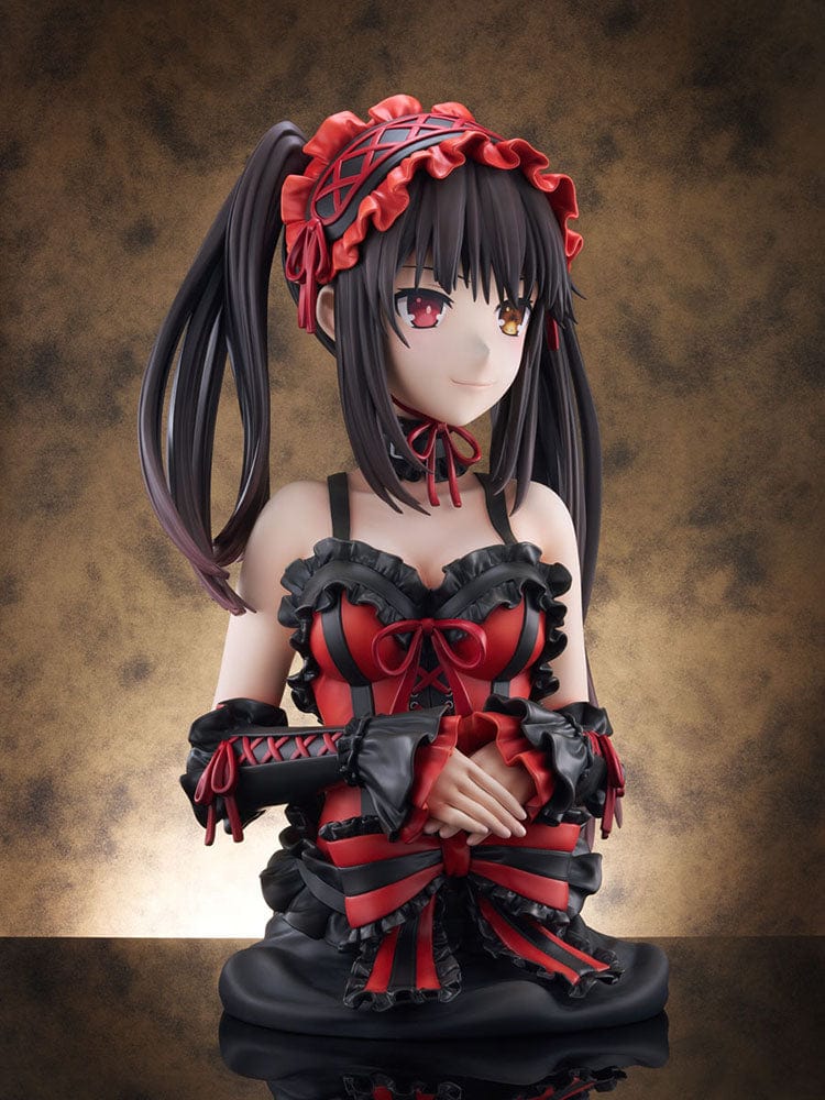Life-sized bust figure of Kurumi Tokisaki from Date A Live, featuring her in a detailed gothic lolita style black and red dress, with intricate ribbons and ruffles, her signature long dark hair with red accents, and her unique red and yellow eyes.