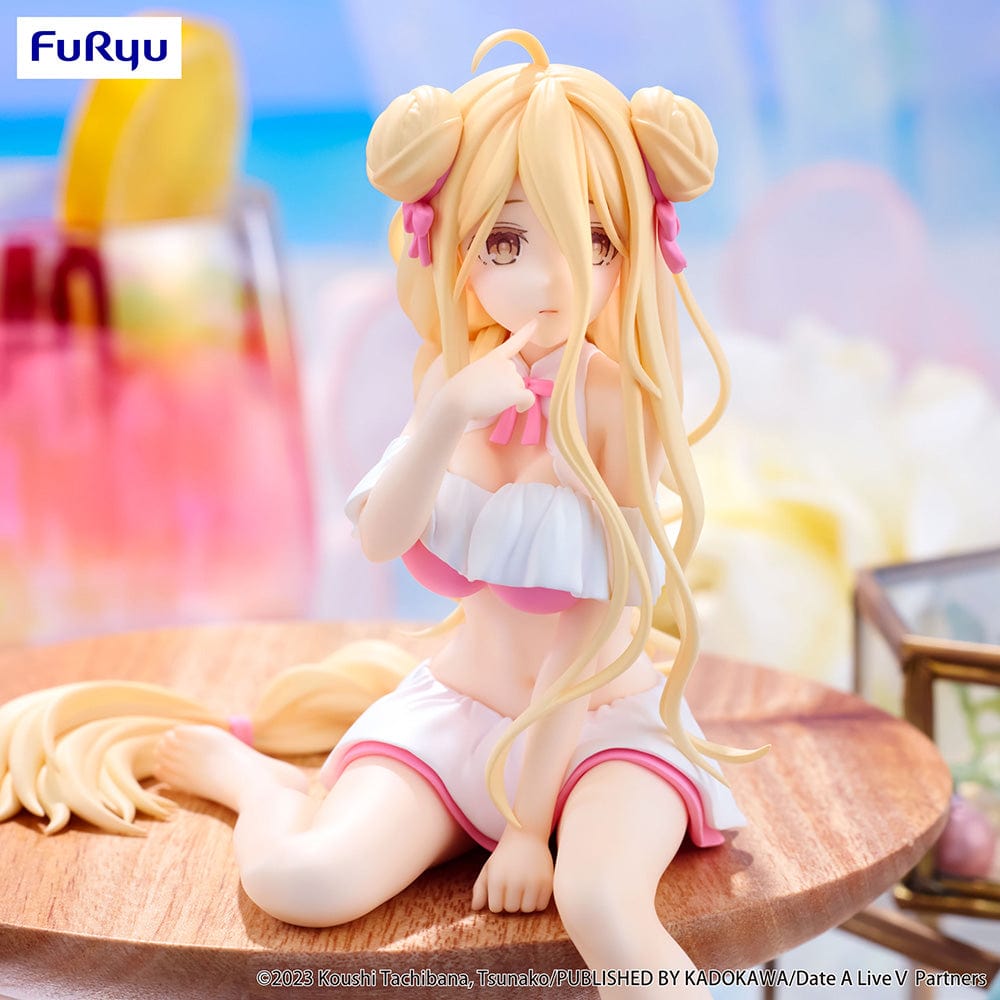 Date A Live V Mukuro Hoshimiya (Swimsuit Ver.) Noodle Stopper Figure seated with flowing blonde hair and a playful swimsuit design, made to sit on the edge of surfaces.