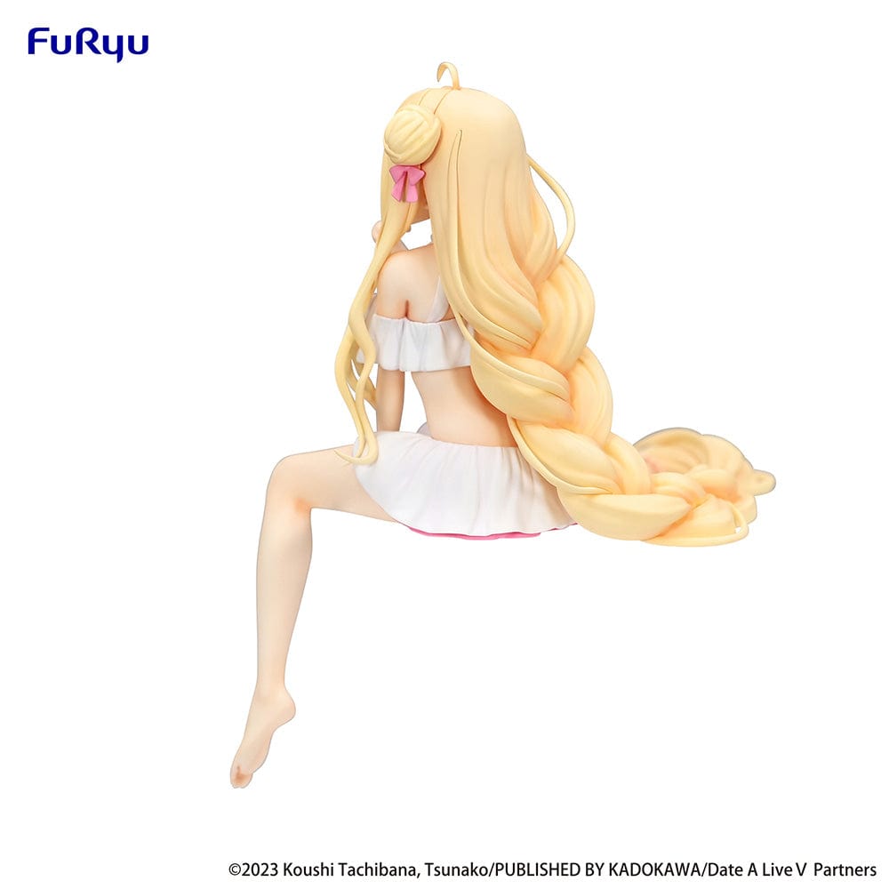 Date A Live V Mukuro Hoshimiya (Swimsuit Ver.) Noodle Stopper Figure seated with flowing blonde hair and a playful swimsuit design, made to sit on the edge of surfaces.