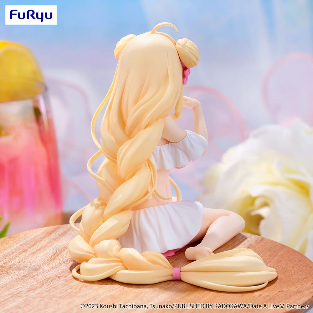 Date A Live V Mukuro Hoshimiya (Swimsuit Ver.) Noodle Stopper Figure seated with flowing blonde hair and a playful swimsuit design, made to sit on the edge of surfaces.