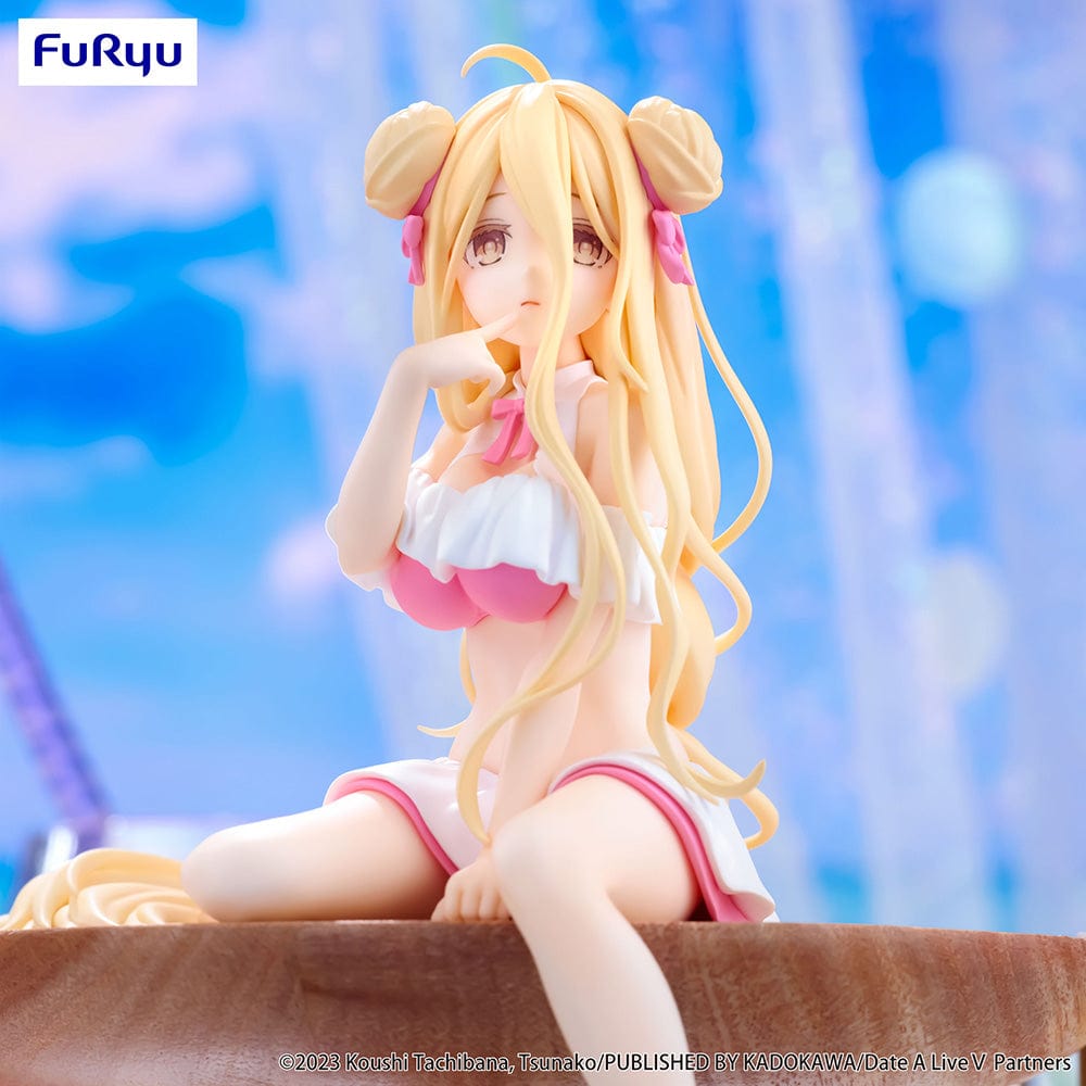 Date A Live V Mukuro Hoshimiya (Swimsuit Ver.) Noodle Stopper Figure seated with flowing blonde hair and a playful swimsuit design, made to sit on the edge of surfaces.