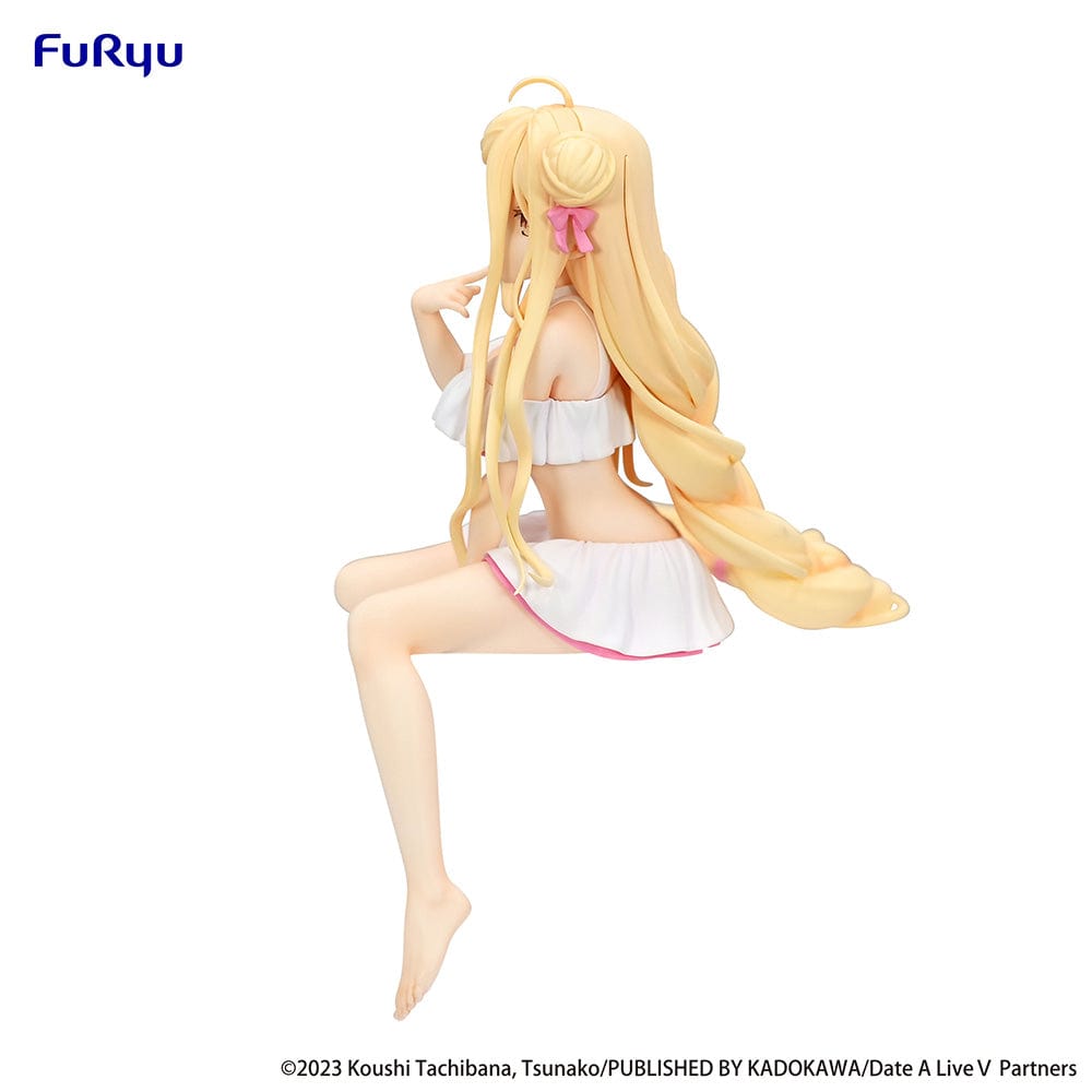 Date A Live V Mukuro Hoshimiya (Swimsuit Ver.) Noodle Stopper Figure seated with flowing blonde hair and a playful swimsuit design, made to sit on the edge of surfaces.