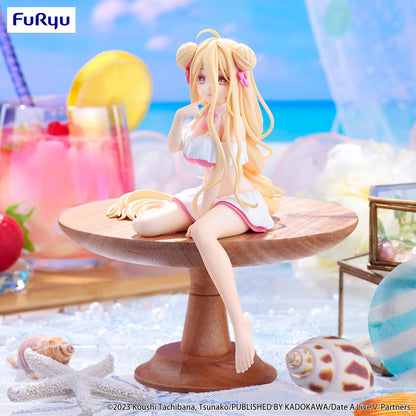 Date A Live V Mukuro Hoshimiya (Swimsuit Ver.) Noodle Stopper Figure seated with flowing blonde hair and a playful swimsuit design, made to sit on the edge of surfaces.