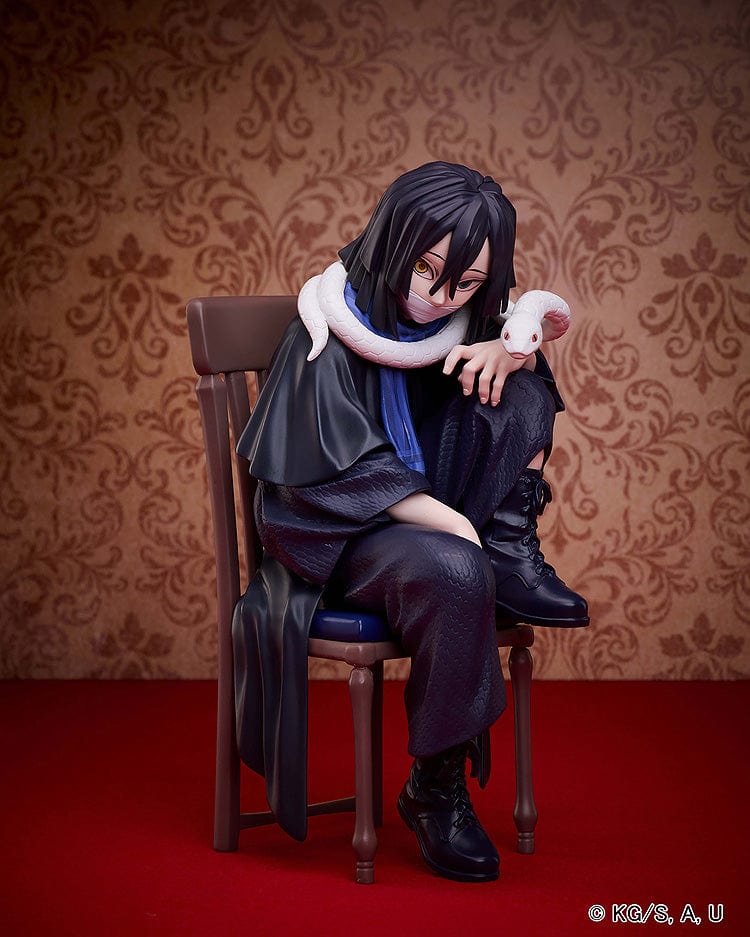 Demon Slayer: Kimetsu no Yaiba Obanai Iguro figure seated with snake Kaburamaru around his shoulders, dressed in black uniform, displaying intense expression.