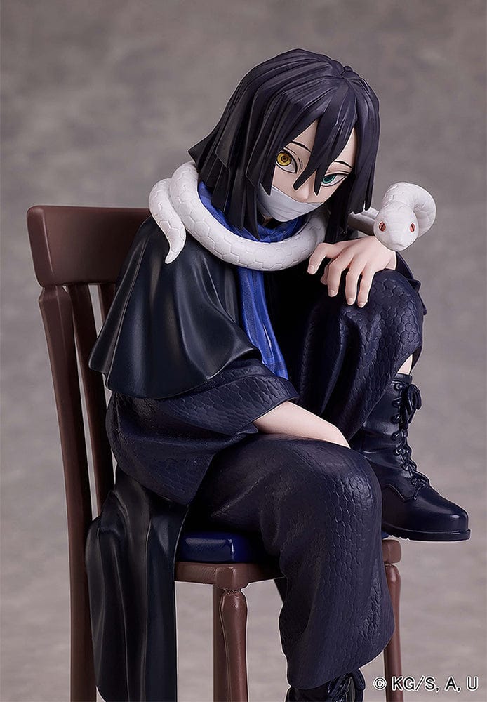 Demon Slayer: Kimetsu no Yaiba Obanai Iguro figure seated with snake Kaburamaru around his shoulders, dressed in black uniform, displaying intense expression.