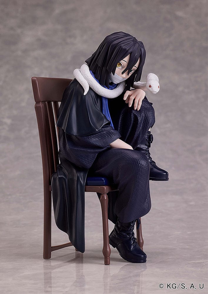 Demon Slayer: Kimetsu no Yaiba Obanai Iguro figure seated with snake Kaburamaru around his shoulders, dressed in black uniform, displaying intense expression.