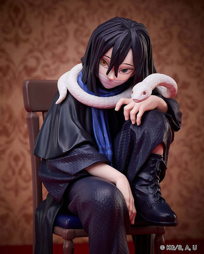 Demon Slayer: Kimetsu no Yaiba Obanai Iguro figure seated with snake Kaburamaru around his shoulders, dressed in black uniform, displaying intense expression.