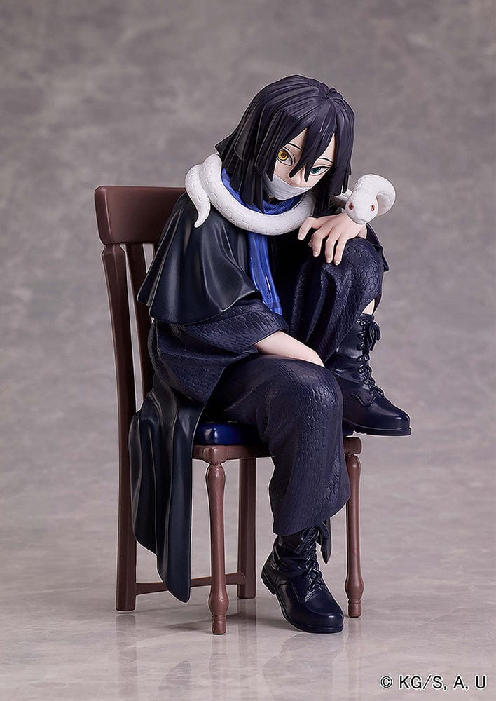 Demon Slayer: Kimetsu no Yaiba Obanai Iguro figure seated with snake Kaburamaru around his shoulders, dressed in black uniform, displaying intense expression.