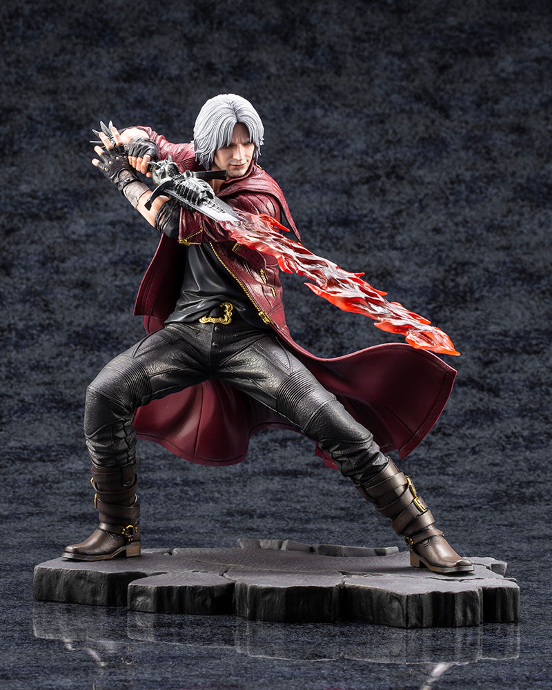 Devil May Cry 5 ArtFX J Dante 1/8 Scale Figure (Reissue) - Detailed anime figure of Dante in a battle-ready pose, featuring his signature red trench coat, Rebellion sword, and dynamic base.