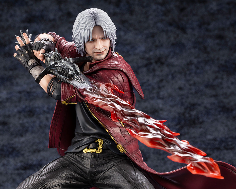 Devil May Cry 5 ArtFX J Dante 1/8 Scale Figure (Reissue) - Detailed anime figure of Dante in a battle-ready pose, featuring his signature red trench coat, Rebellion sword, and dynamic base.