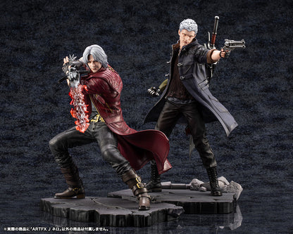 "Devil May Cry 5 ArtFX J Nero 1/8 Scale Figure (Reissue) - Detailed anime figure of Nero in a dynamic pose with the Blue Rose revolver and Red Queen sword, featuring his iconic blue coat and Devil Breaker arm on a realistic base."