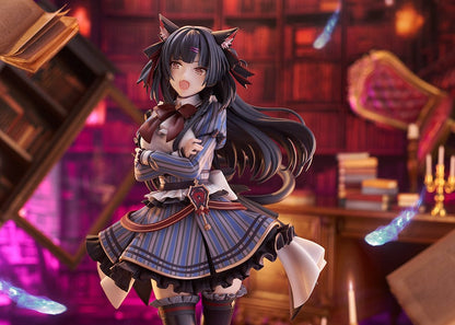 A figure of Fuyuko Mayuzumi from 'The Idolmaster Shiny Colors,' dressed in a 'Midnight Monster' themed outfit, featuring dark and rich colors with playful cat ears and tail, standing on a purple base.
