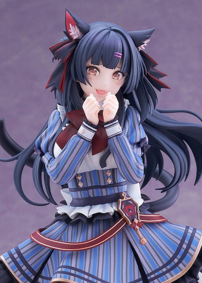 A figure of Fuyuko Mayuzumi from 'The Idolmaster Shiny Colors,' dressed in a 'Midnight Monster' themed outfit, featuring dark and rich colors with playful cat ears and tail, standing on a purple base.