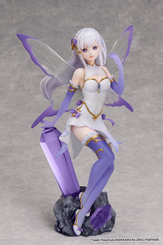 Rezero Starting Life in Another World Emilia (Jewel Princess) 1/7 scale figure with translucent wings, sitting atop a purple crystal, wearing a purple and white outfit.