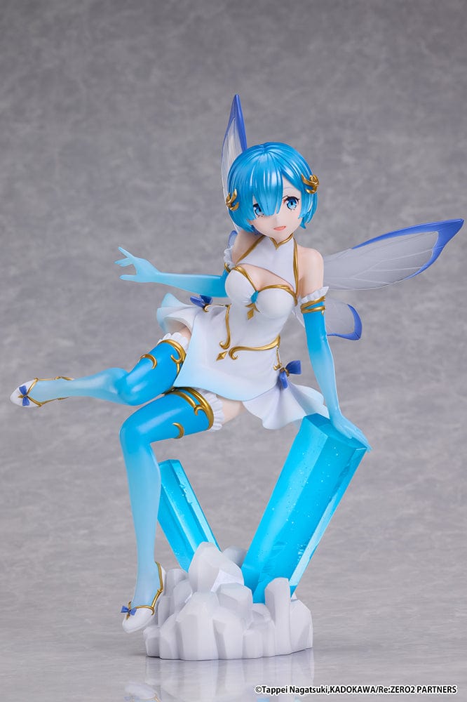 Rezero Starting Life in Another World Rem (Jewel Princess) 1/7 scale figure with translucent wings, standing on a blue crystal, in a shimmering blue and white outfit.