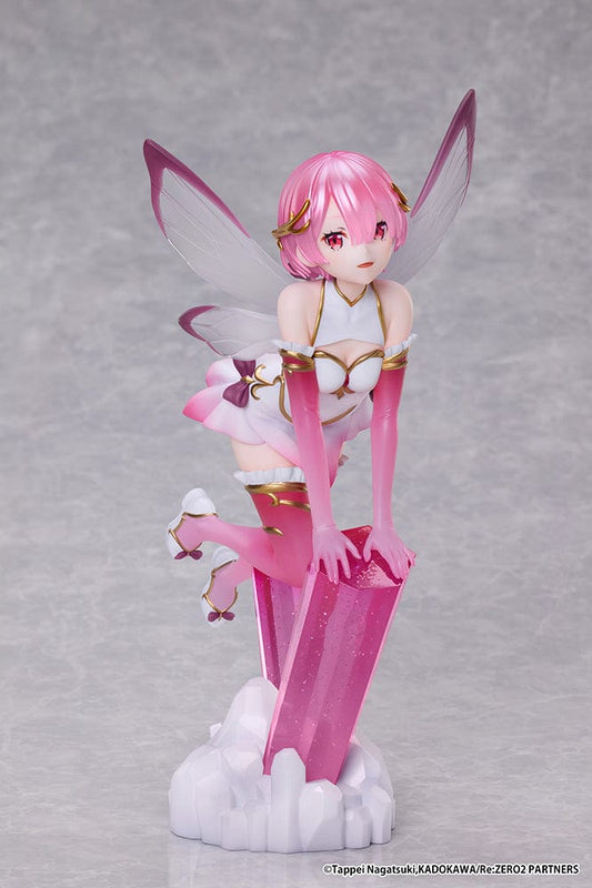 Rezero Starting Life in Another World Ram (Jewel Princess) 1/7 scale figure with pink wings, balancing atop a crystal, wearing a shimmering outfit.