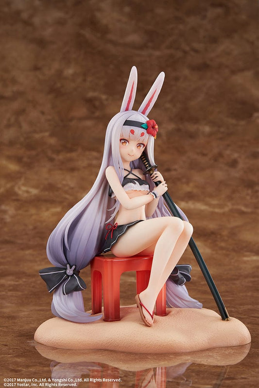 Azur Lane Shimakaze (The Island Wind Rests Regular Ver.) 1/7 Scale Figure, seated casually with bunny ears, showcasing her ethereal silver hair and maritime-themed attire, conveying the essence of a gentle sea breeze and tranquil oceanic beauty.