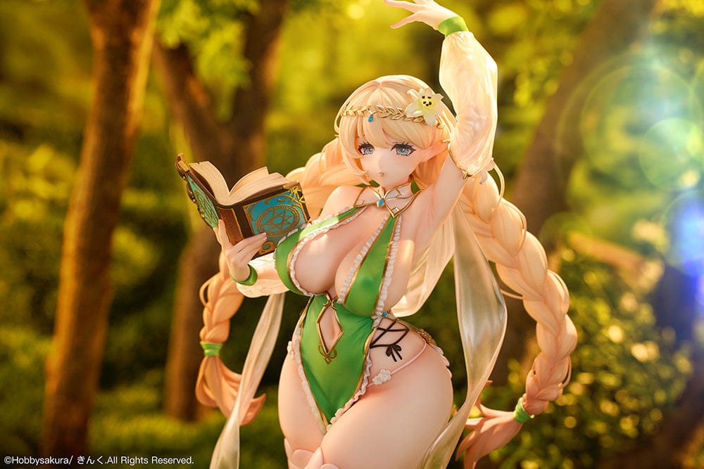 Elf Sisters Fenniel 1/6 Scale Figure in green and white outfit with spellbook, braided hair, and floral headpiece.