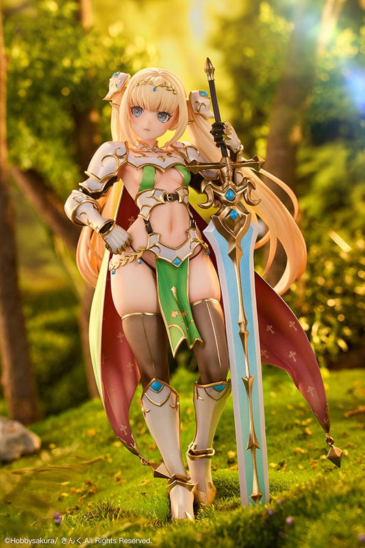 Elf Sisters Myciel 1/6 Scale Figure in green and white armor with sword, flowing cape, and long blonde hair.