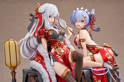 1/7 scale limited edition figure of Emilia from 'Re:Zero', dressed in a New Year's theme with red and gold attire, seated on a traditional chair, from the KD Colle series.