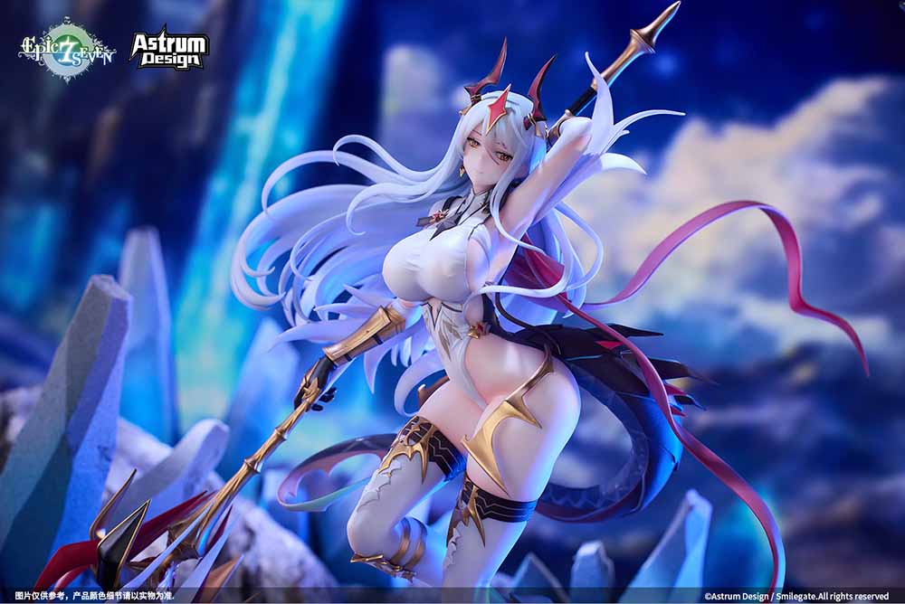 Epic Seven New Moon Luna 1/7 Scale Figure showcasing her iconic lance, flowing hair, and demonic accents in a dynamic pose.