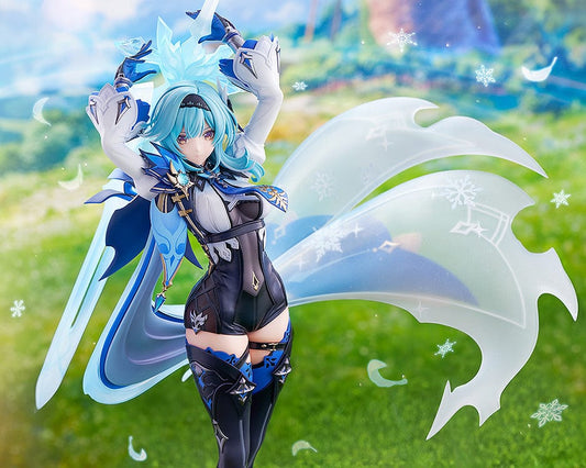 Genshin Impact Eula (Wavecrest Waltz Ver.) 1/7 Scale Figure, featuring Eula in a dynamic pose with swirling ice crystals on a themed base, highlighted by her blue and black knightly attire.