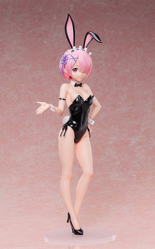 Re:ZERO -Starting Life in Another World- Ram Bare Leg Bunny Ver. 2nd 1/4 Scale Figure in a black bunny suit with bare legs, standing in a confident pose on a pink background.