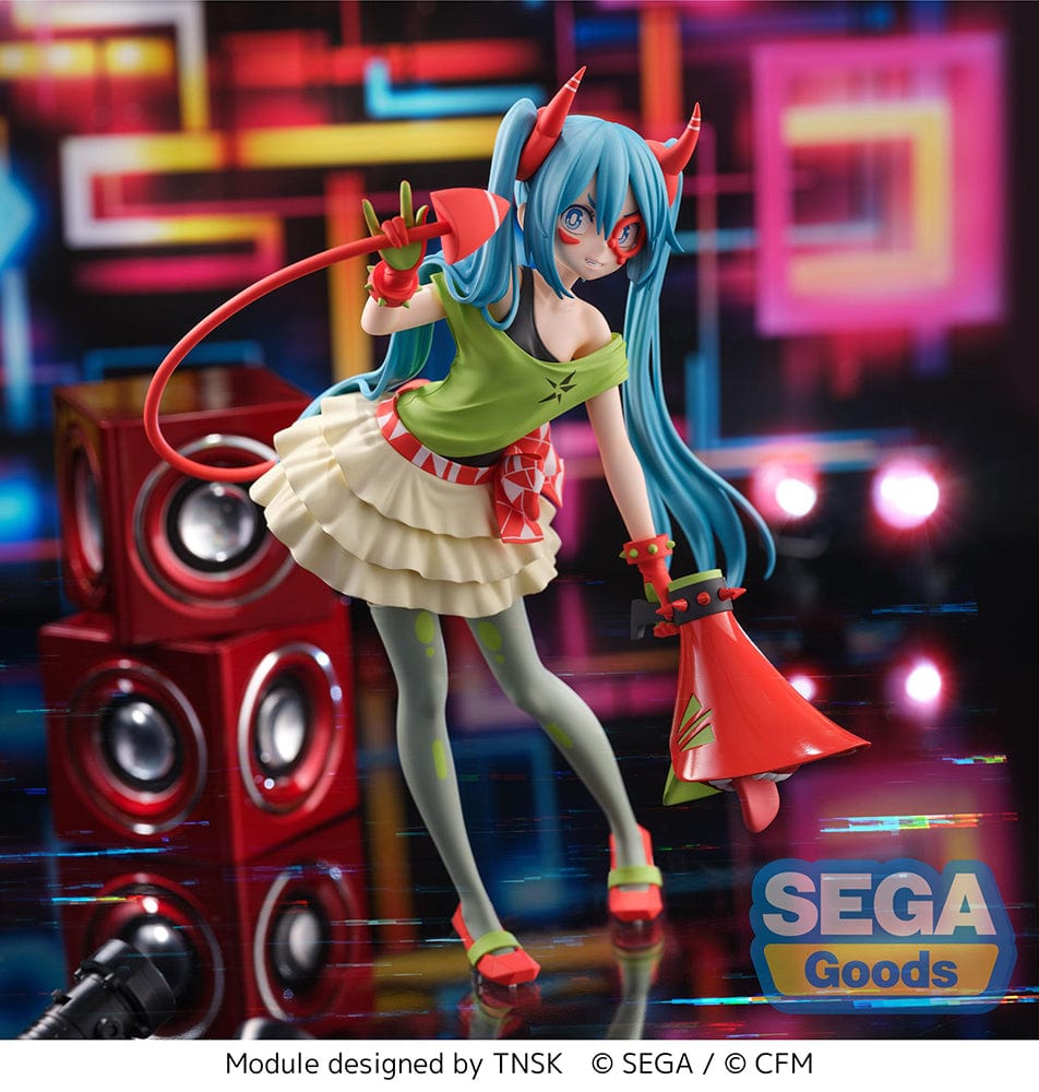 Hatsune Miku -Project DIVA- X FiGURiZM Hatsune Miku (DE:Monster T.R. Ver.) figure with blue hair and red demon horns, wearing a green and yellow dress with a monster theme, posed dynamically on a clear stand.