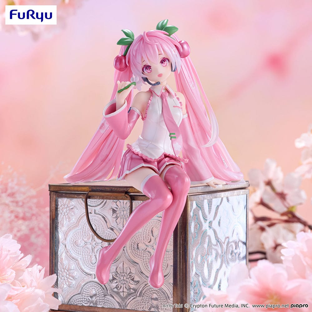 Vocaloid Sakura Miku (2024 Pearl Color Ver.) Noodle Stopper Figure with a pink and white cherry blossom-themed design, seated gracefully with a beautiful pearl finish.