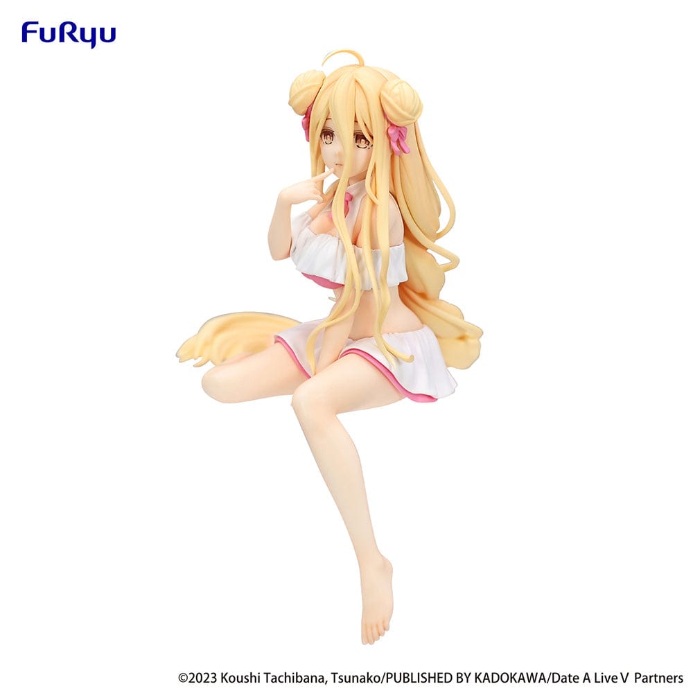 Date A Live V Mukuro Hoshimiya (Swimsuit Ver.) Noodle Stopper Figure seated with flowing blonde hair and a playful swimsuit design, made to sit on the edge of surfaces.