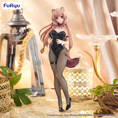 The Rising of the Shield Hero BiCute Bunnies Raphtalia figure in black bunny outfit, fishnet stockings, and bunny ears, standing in an elegant pose.