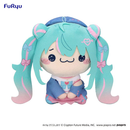 Hatsune Miku MOCHIPICO Plush Toy -Love Sailor ver. A- featuring Miku in a pastel blue and pink sailor outfit with heart-shaped cheeks and twin tails.