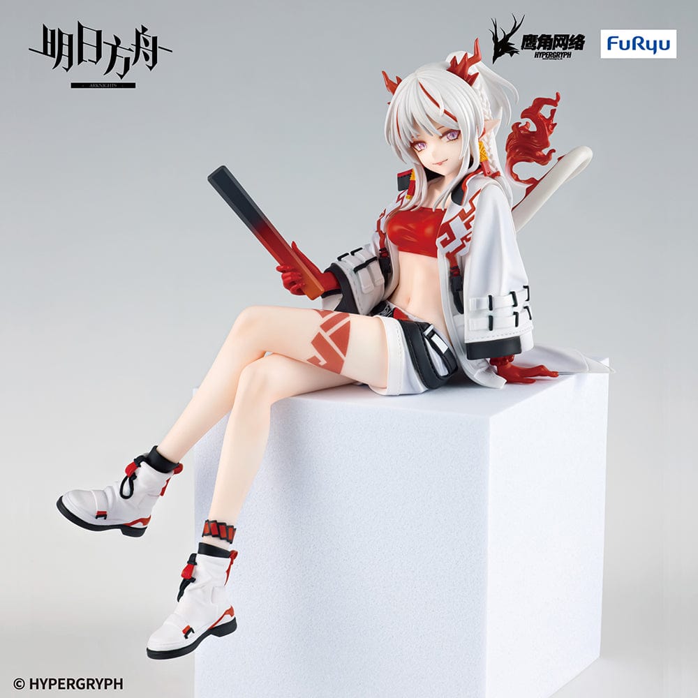 Arknights Nian Noodle Stopper Figure in stylish red and white outfit with dragon horns, seated in relaxed pose