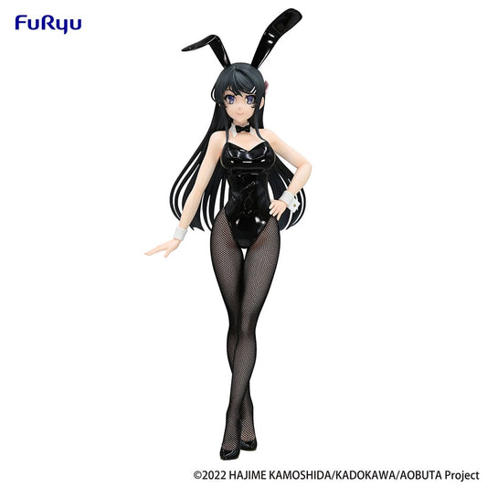 Rascal Does Not Dream of Bunny Girl Senpai BiCute Bunnies Mai Sakurajima Figure featuring Mai in a glossy black bunny suit with fishnet tights and a confident pose.