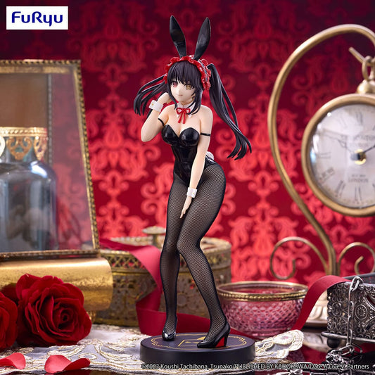Date A Live V BiCute Bunnies Kurumi Tokisaki in a black bunny outfit, posing elegantly with a background of rich red decor and vintage items, highlighting her iconic red eye and dark hair with red ribbons.