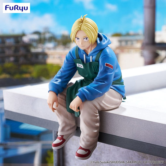 Sakamoto Days Shin Asakura Noodle Stopper Figure – anime figure featuring Shin in a blue hoodie and green apron, sitting casually with a confident expression.