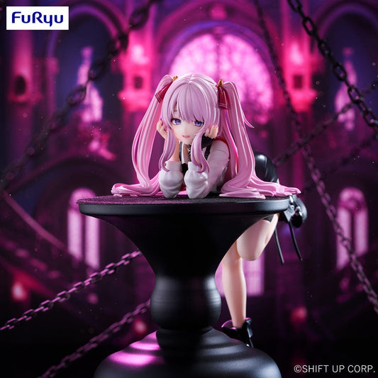 Goddess of Victory: Nikke Yuni Noodle Stopper Figure – anime figure featuring Yuni with pink twin tails, a gothic-inspired outfit, and a playful pose on a dark pedestal.
