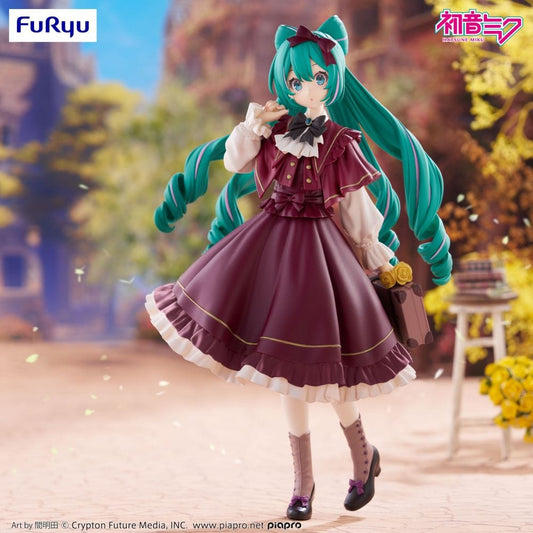 Hatsune Miku figure in a classical retro dress with teal twin-tails, holding a suitcase with flowers.

