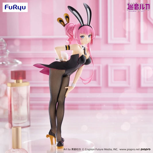 Megurine Luka BiCute Bunnies figure in a black bunny outfit, fishnet tights, and heels, leaning forward with a soft expression and pink hair buns.

