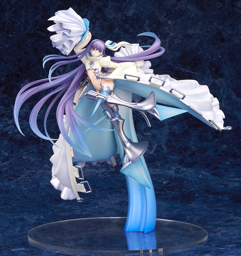 Fate/Grand Order Alter Ego Meltryllis 1/8 scale figure reissue, featuring the character in a dynamic pose with white and blue attire, long purple hair, and an oceanic-themed translucent base.