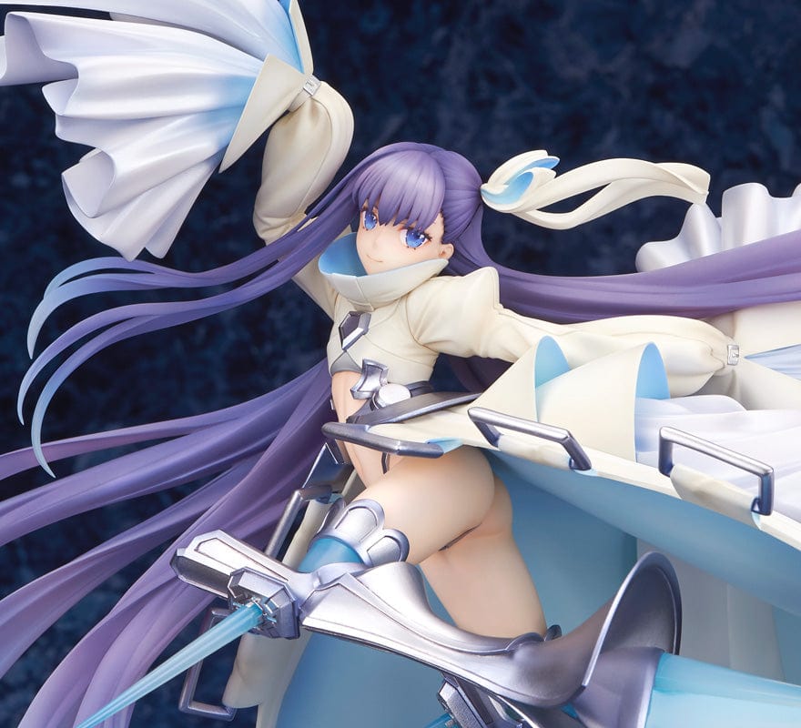 Fate/Grand Order Alter Ego Meltryllis 1/8 scale figure reissue, featuring the character in a dynamic pose with white and blue attire, long purple hair, and an oceanic-themed translucent base.