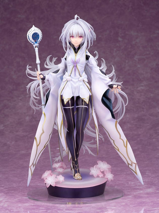 A 1/7 scale figure of Caster-Merlin [Prototype] from Fate/Grand Order Arcade, standing gracefully with a staff in hand. He has long, flowing silver hair, red eyes, and is wearing a detailed white robe with gold and purple trim. The robe billows around him, creating a sense of movement. At his feet, there are delicate pink cherry blossoms scattered on the circular, purple-hued base, enhancing the figure's ethereal and magical appearance against a soft purple background.
