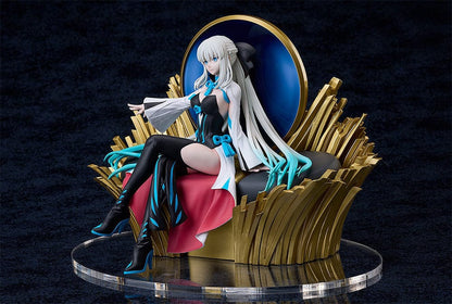 Fate/Grand Order Berserker/Morgan non-scale figure featuring Morgan seated on a gold throne with flowing silver hair, a black and blue dress, and intricate detailing.