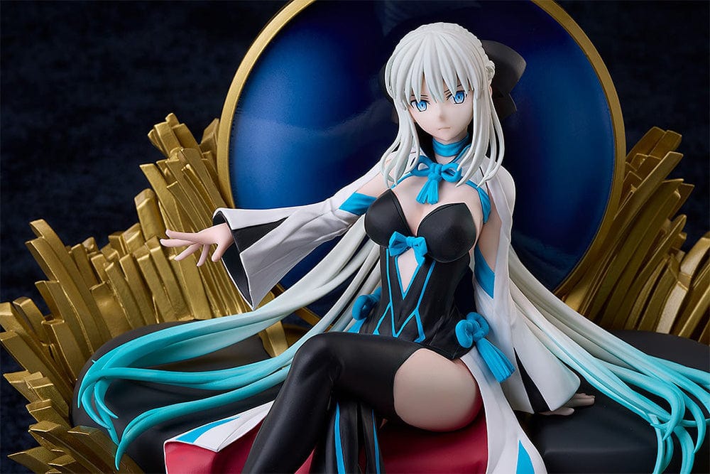 Fate/Grand Order Berserker/Morgan non-scale figure featuring Morgan seated on a gold throne with flowing silver hair, a black and blue dress, and intricate detailing.