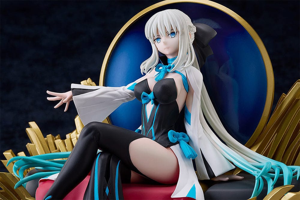 Fate/Grand Order Berserker/Morgan non-scale figure featuring Morgan seated on a gold throne with flowing silver hair, a black and blue dress, and intricate detailing.