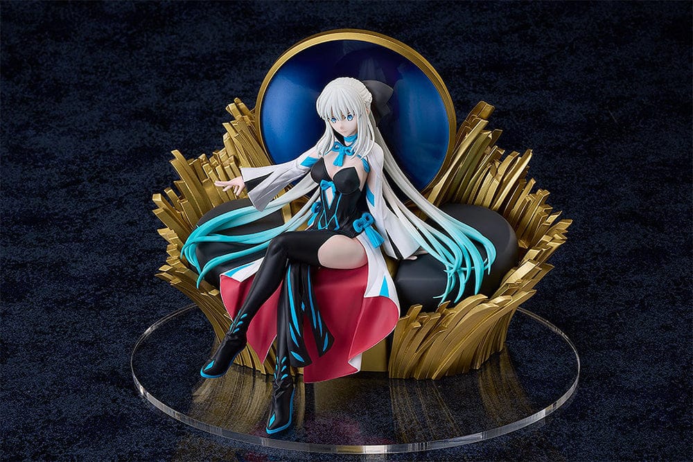 Fate/Grand Order Berserker/Morgan non-scale figure featuring Morgan seated on a gold throne with flowing silver hair, a black and blue dress, and intricate detailing.